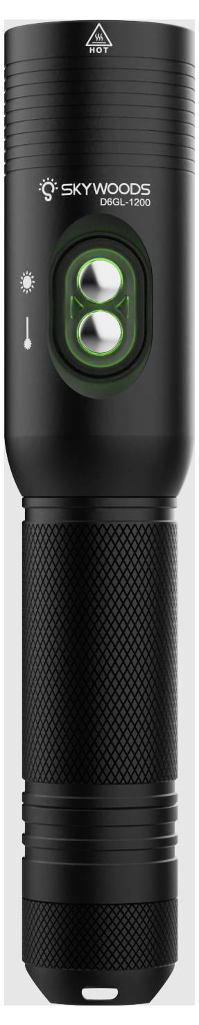 Black Skywoods DDL-1200 Taschenlampe aufrecht dargestellt, mit dualen kreisförmigen Frontleuchten und strukturiertem Griff.