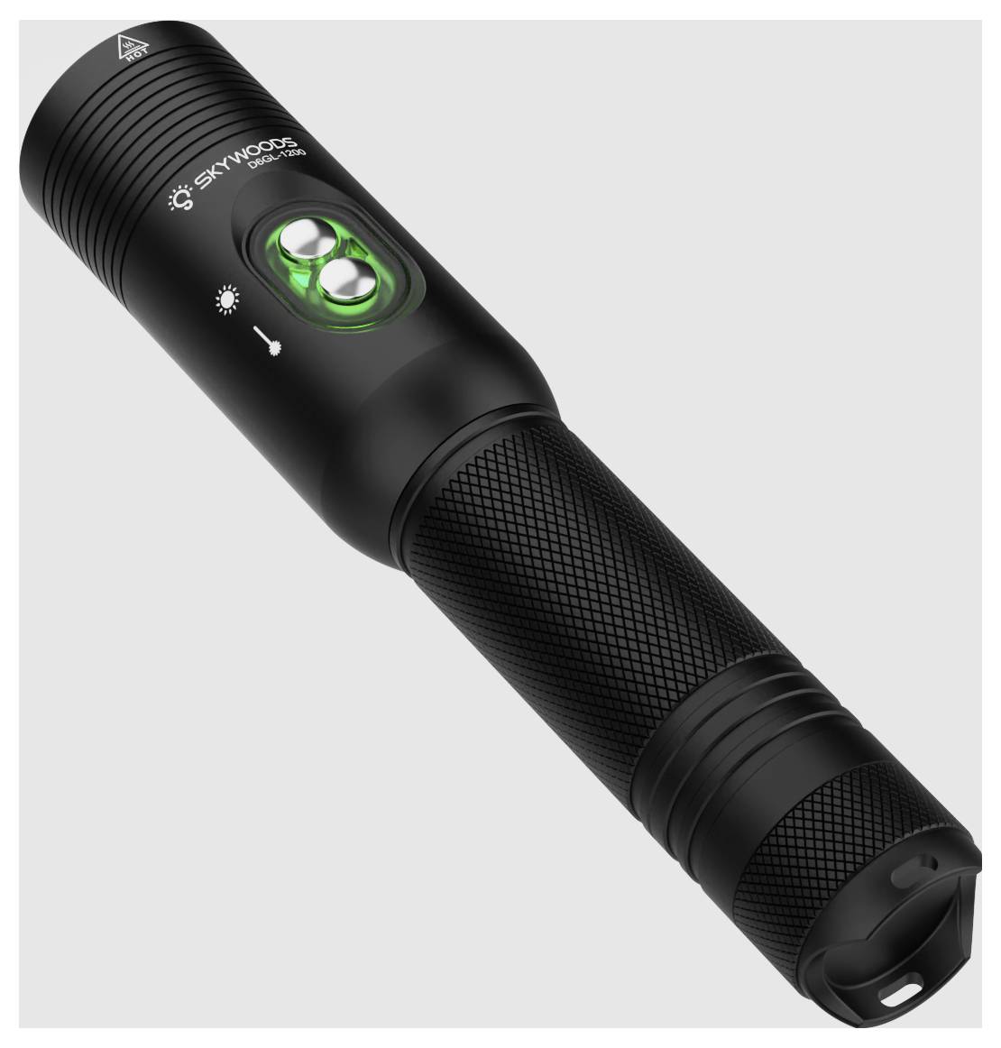 Schwarze SKYWOODS-Taschenlampe mit zwei leuchtenden Tasten und strukturiertem Griff, gezeigt auf hellem Hintergrund.