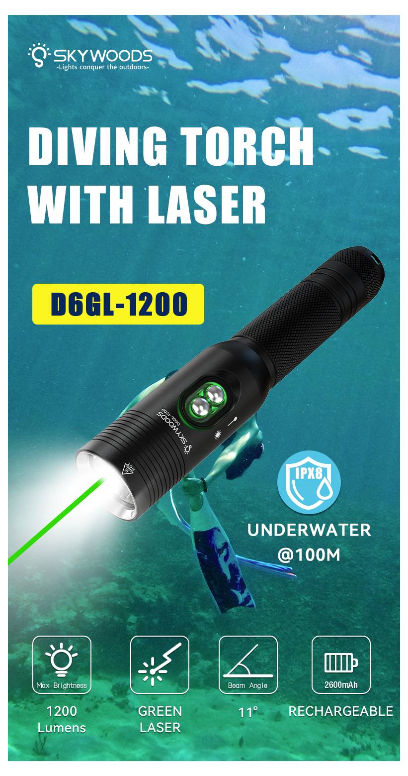 Werbebild einer Skywoods-Tauchlampe mit Laser, Modell D66L-1200, mit 1200 Lumen, grünem Laser, 11° Strahlwinkel, wiederaufladbar und IPX8 wasserdicht bis 100m.