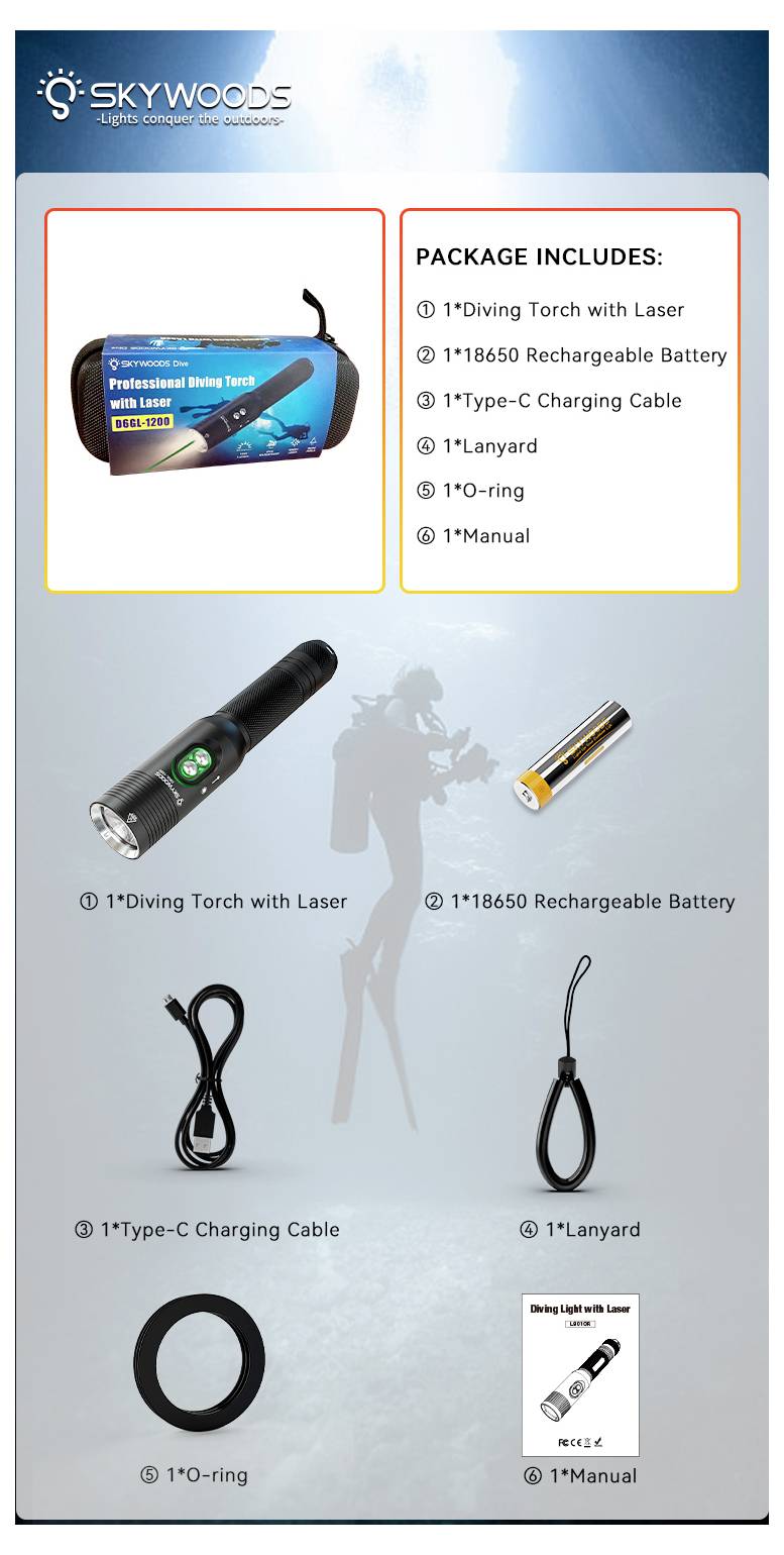 SkyWoods Tauch-Taschenlampen-Kit Verpackung mit enthaltenen Artikeln: Tauchlampe mit Laser, wiederaufladbare 18650-Batterie, USB-C-Ladekabel, Umhängeband, O-Ring und Bedienungsanleitung.