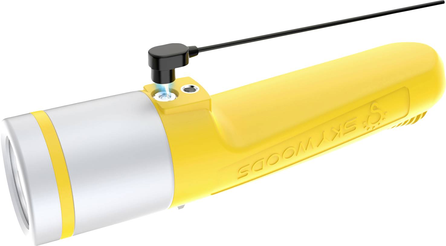 Gelb-silberne tragbare Taschenlampe mit einer langen schwarzen antenninenartigen Stange, die an der Oberseite angebracht ist, dargestellt auf weißem Hintergrund.