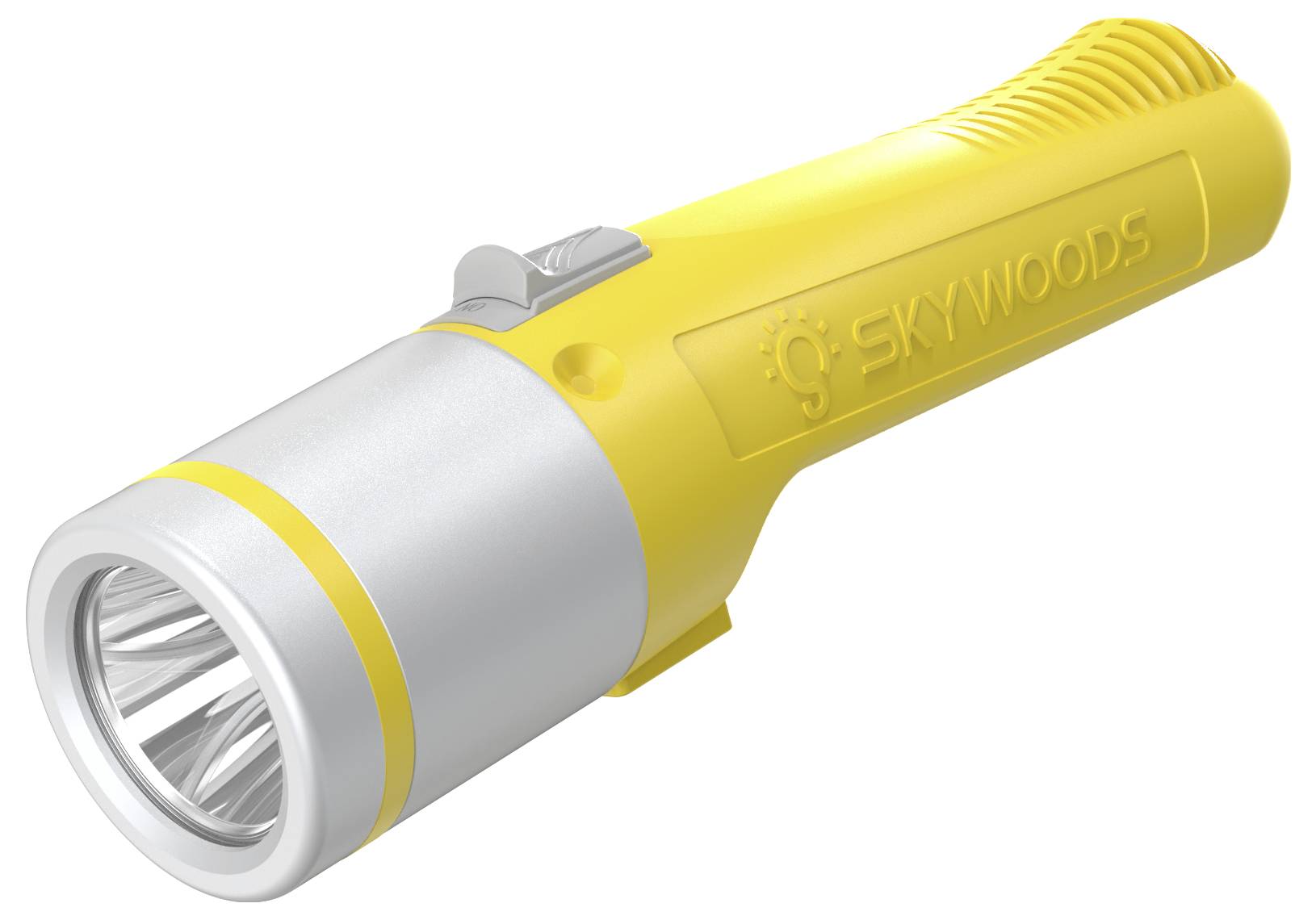 Gelbe und silberne SKYWOODS Taschenlampe in der Hand im Winkel auf weißem Hintergrund.