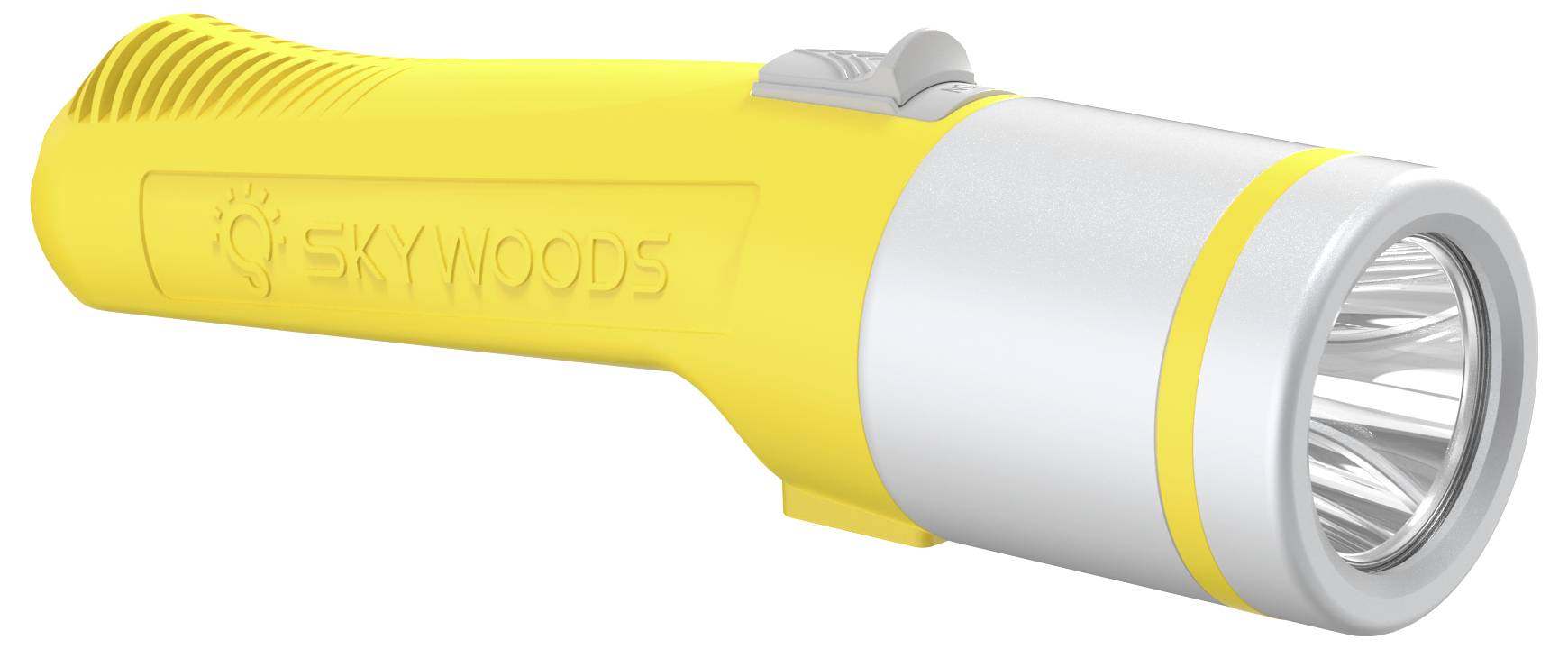 Tragbare Taschenlampe Yellow Skywoods mit silberner Frontblende und strukturiertem Griff, in Seitenansicht vor weißem Hintergrund dargestellt.