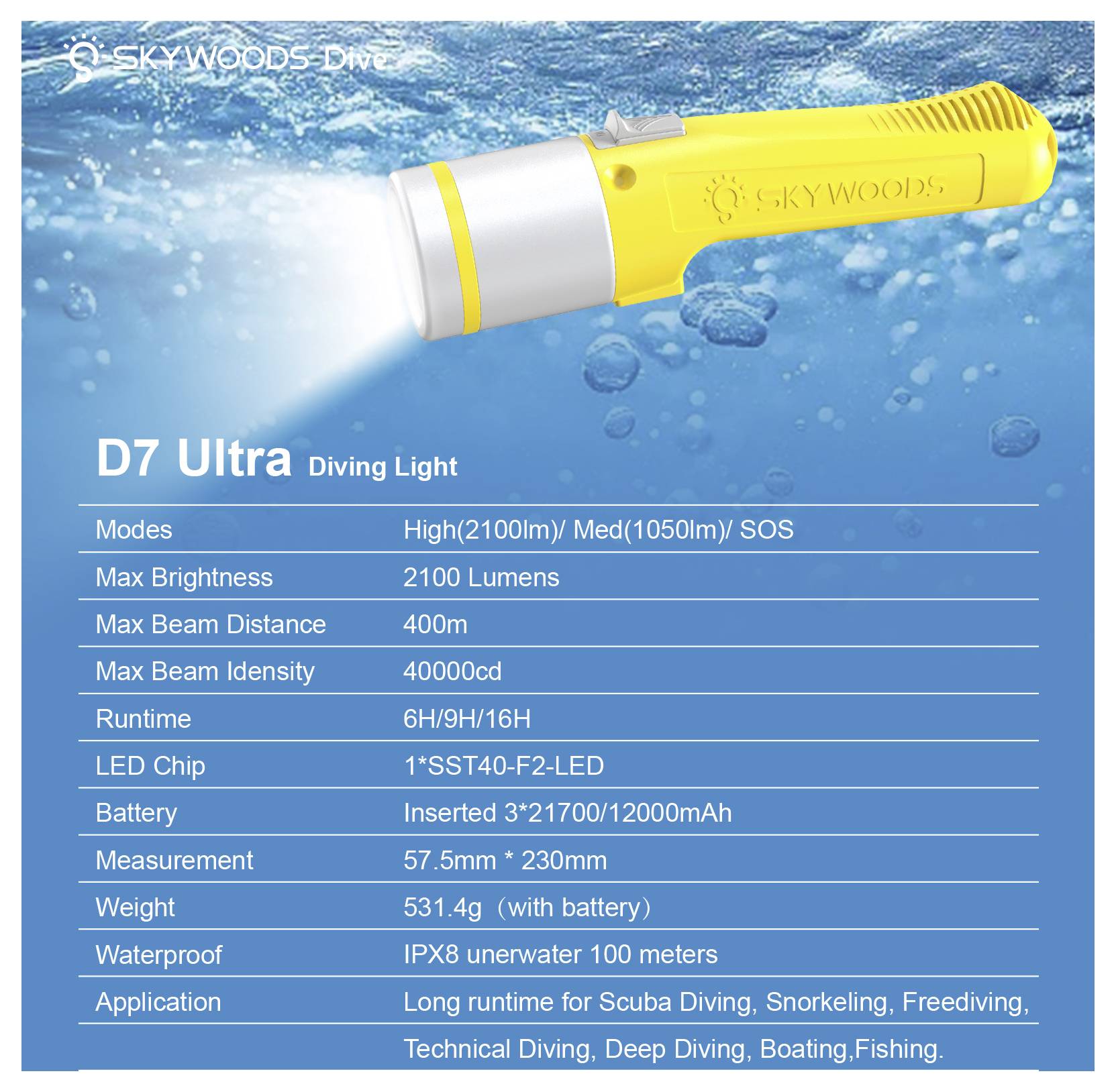 SKYWOODS D7 Ultra Tauchleuchte unter Wasser gezeigt, mit Spezifikationen: 2100 Lumen, 400m Strahlbereich, IPX8 wasserdicht, 6H/9H/16H Laufzeit.