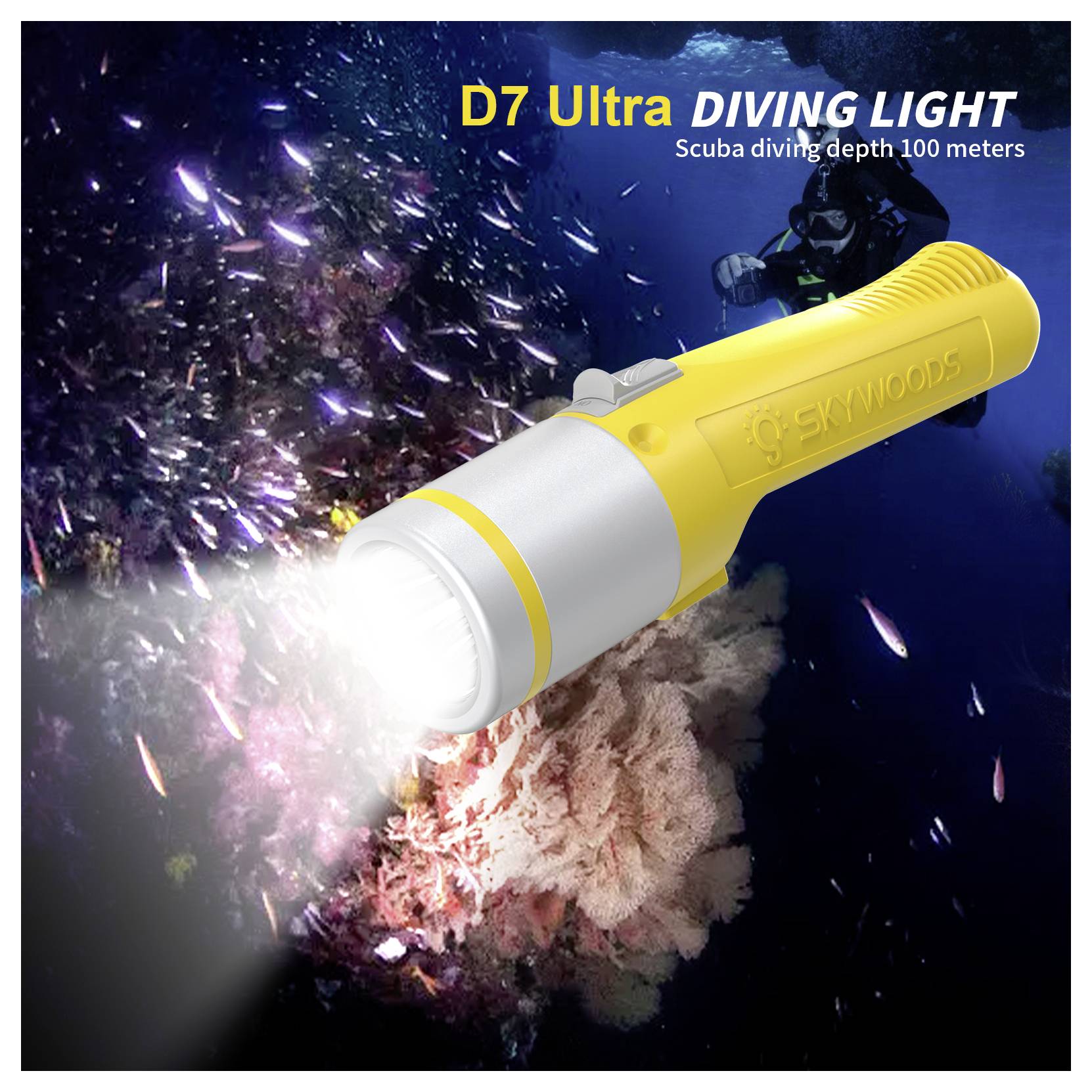 Gelbe D7 Ultra Tauchlampe, die unter Wasser neben einem Tauchsportler scheint, mit dem Text „Tauchtiefe 100 Meter
