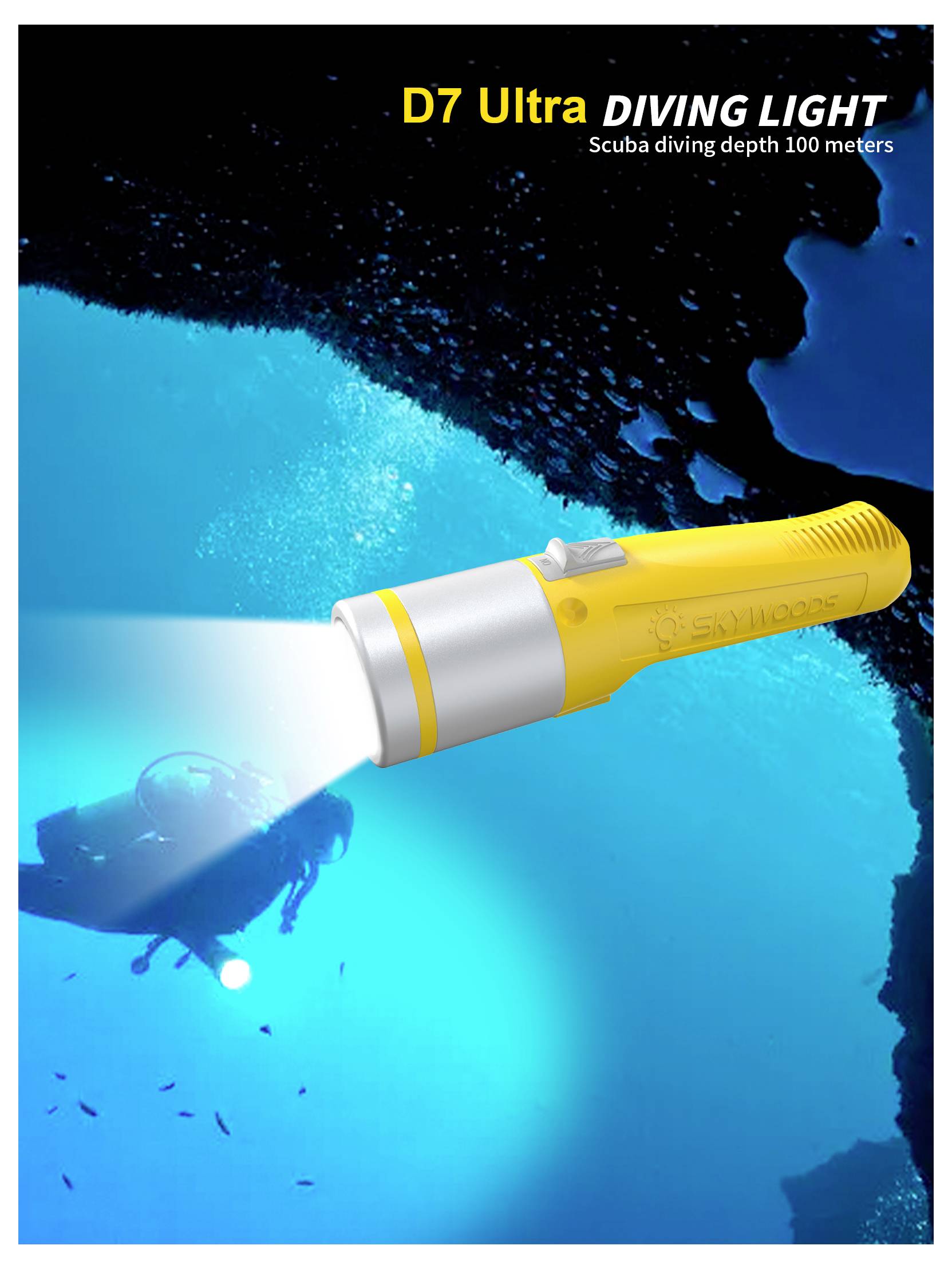 D7 Ultra Tauchleuchte mit Tauchern unter Wasser, die einen hellen Strahl und Text „Tauchtiefe 100 Meter