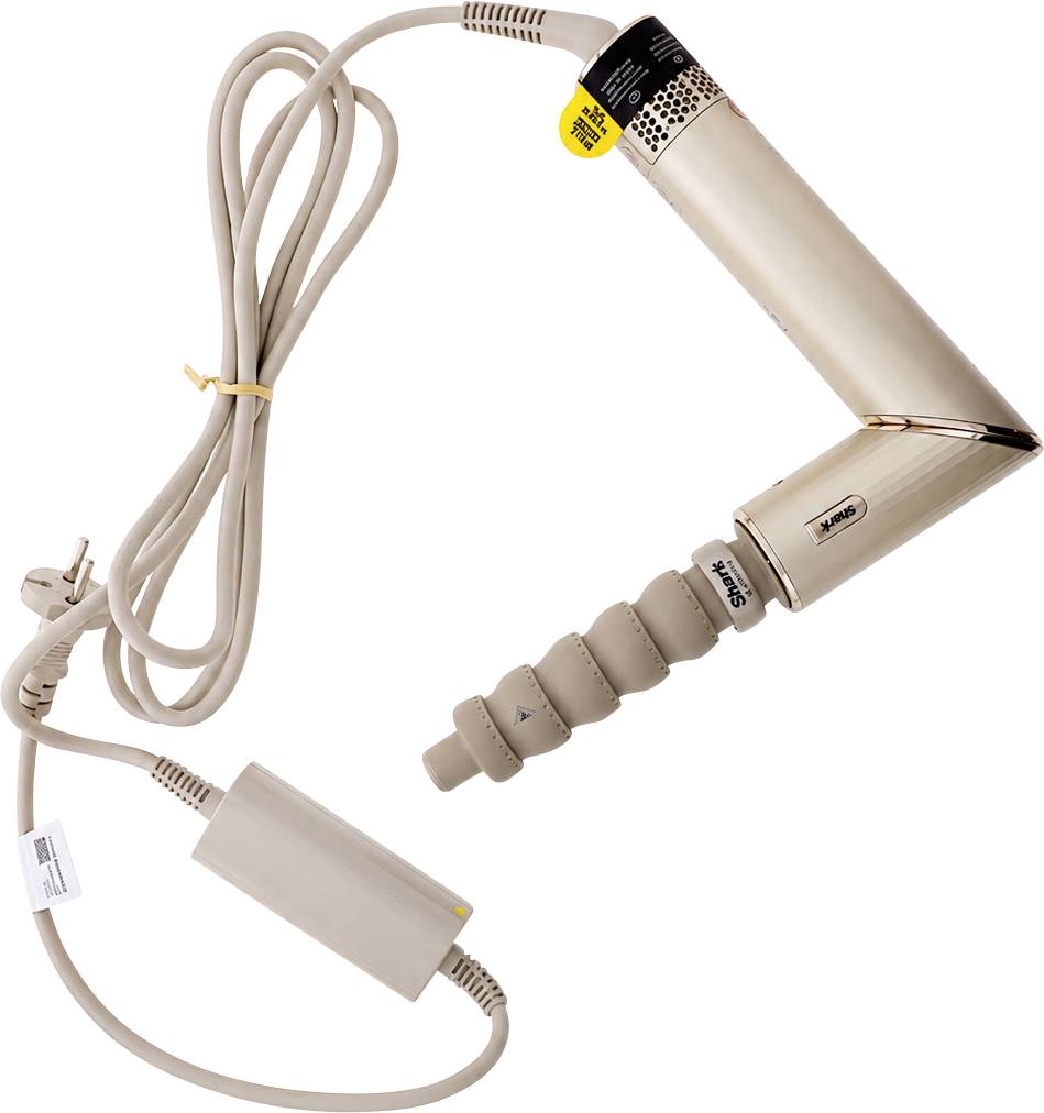 Beiger Haartrockner mit angebrachtem Kabel und Stromstecker, dargestellt auf weißem Hintergrund.