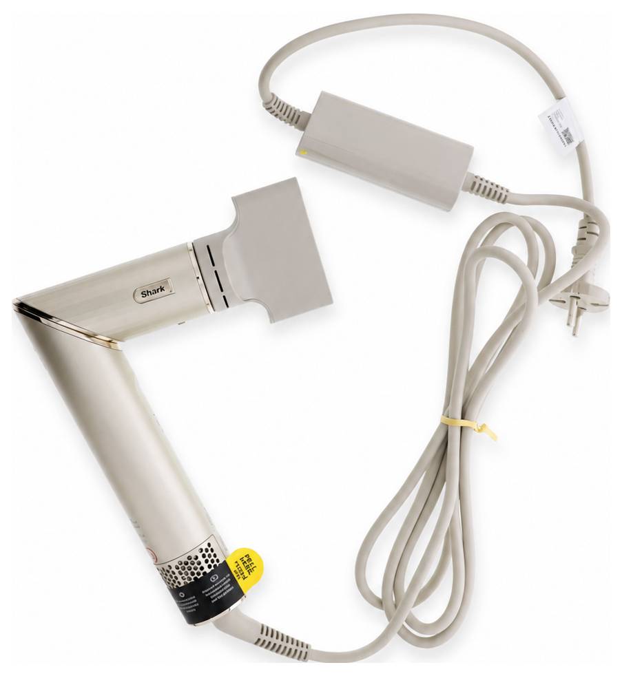 Tragbarer Shark-Haartrockner mit angebrachtem Kabel und Stromstecker auf weißem Hintergrund.