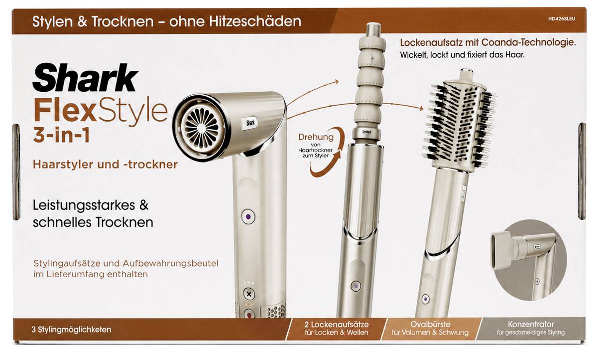 Werbung für Shark FlexStyle 3-in-1 Hairstyler und Haartrockner mit austauschbaren Aufsätzen zum Trocknen, Lockendrehen, Volumenaufbau und Glätten von Haaren.