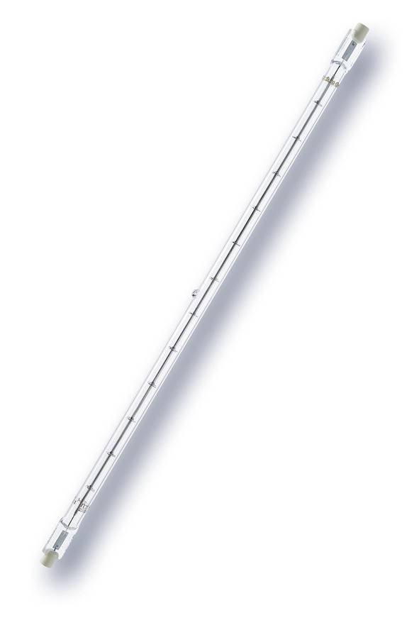 Klare zylindrische Glassröhre mit Metallendkappen, diagonal auf weißem Hintergrund dargestellt, ähnlich einer Leuchtstofflampe oder Stange.