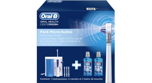 Oral-B Mundgesundheitscenter-Box mit einer Munddusche, 4 Düsen und 2 Flaschen Mundwasser, mit „Pack Micro-bulles