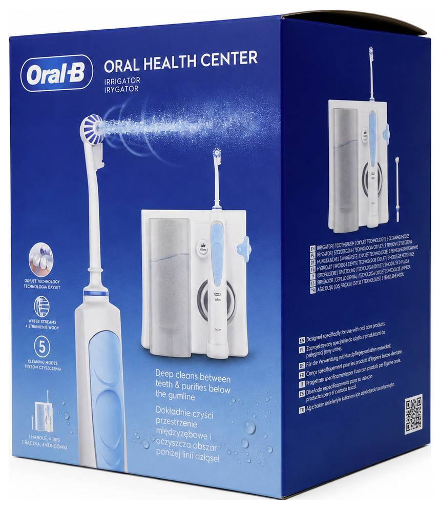 Oral-B Health Center Zahnseide-Bewässerungsgerät-Verpackung zeigt das Bewässerungsgerät, die Ladestation und Reinigungsspray-Grafiken auf einer blauen Schachtel.