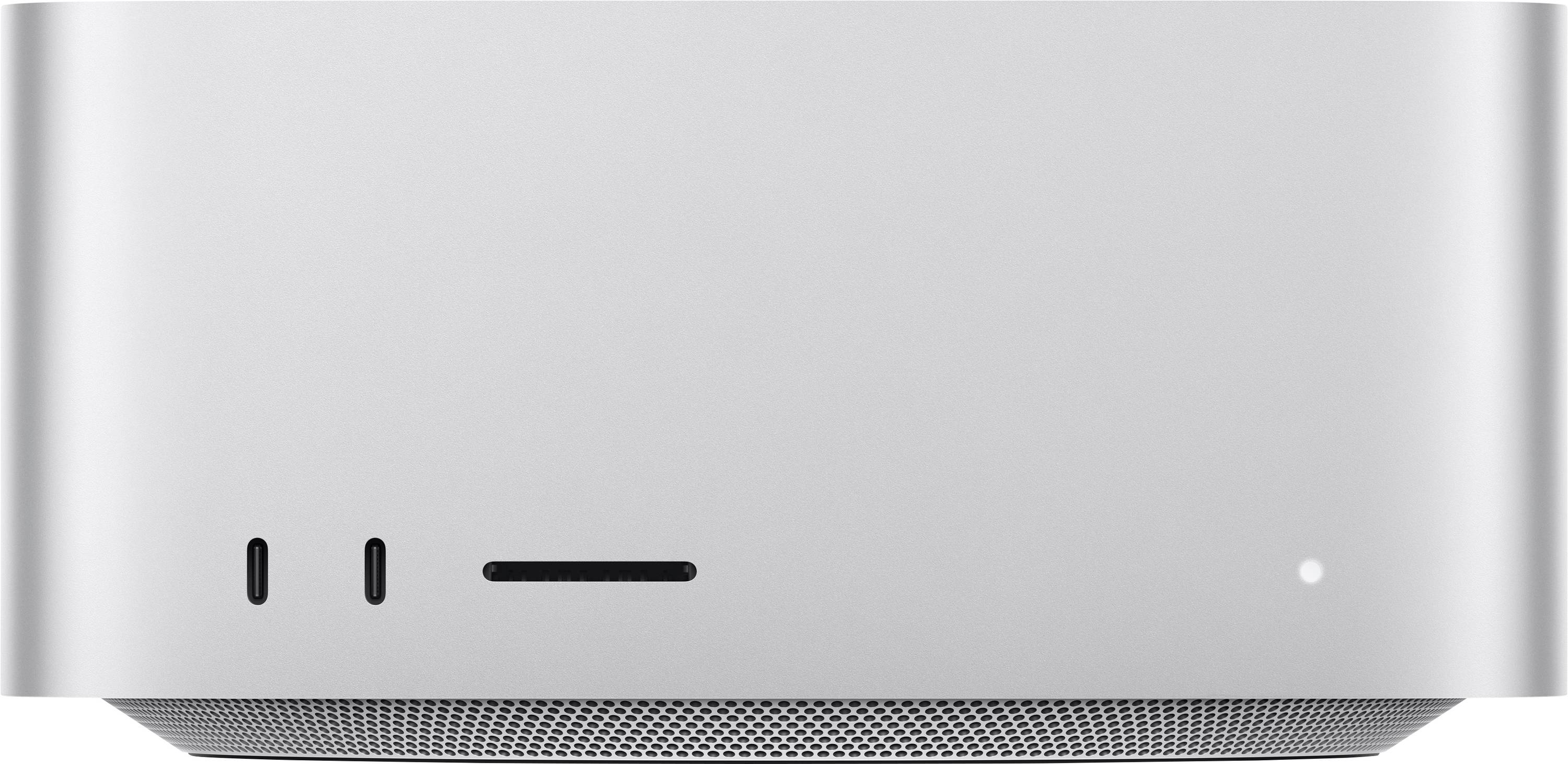 Vorderansicht eines silbernen Computer-Towers mit zwei USB-Anschlüssen und einer Betriebsanzeigeleuchte auf der unteren Frontplatte.