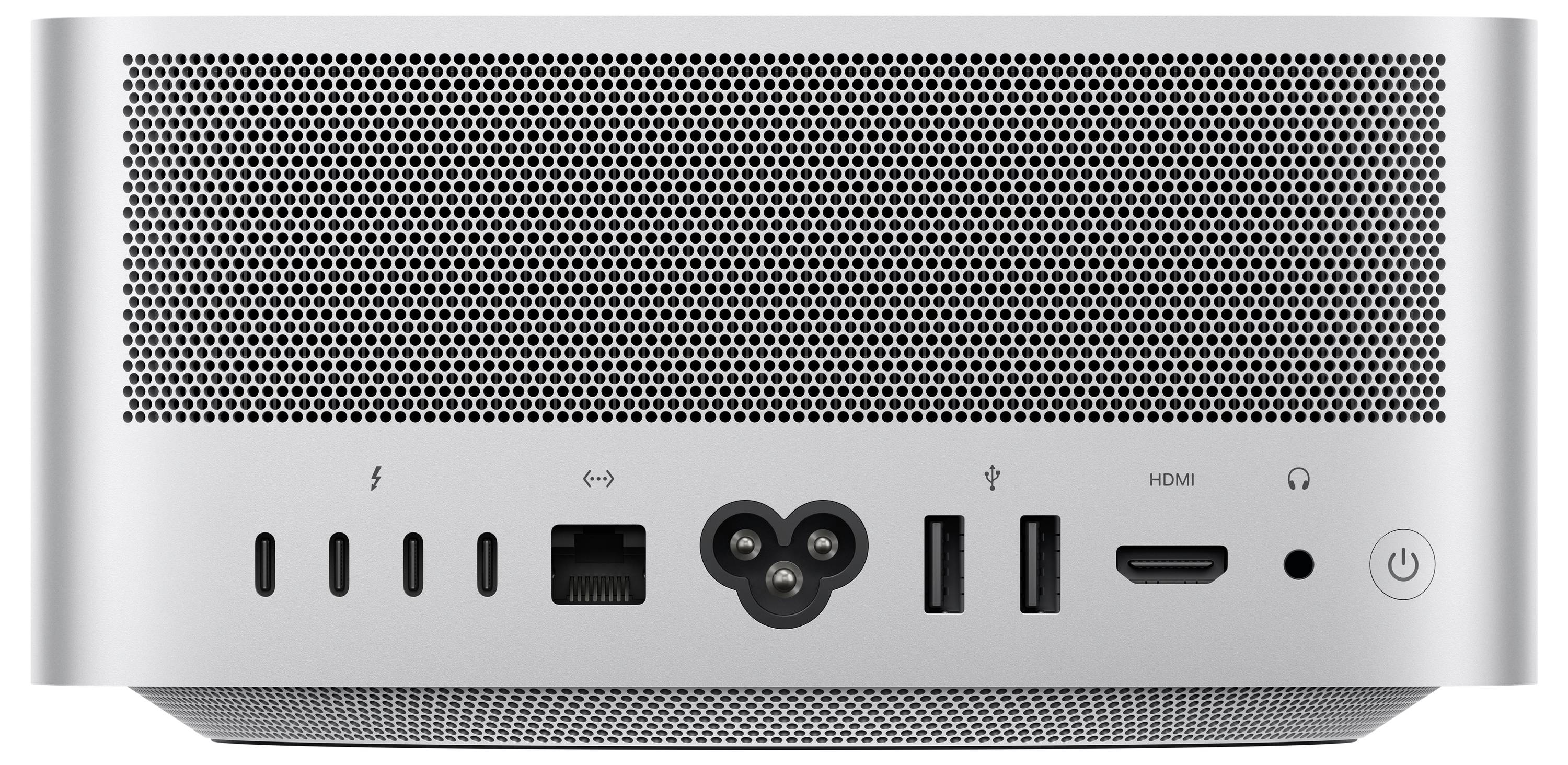 Rückansicht eines silbernen Desktop-Computers mit Lüftungsgittern und Anschlüssen, einschließlich USB, Ethernet, Stromversorgung, HDMI und Kopfhörerbuchse.