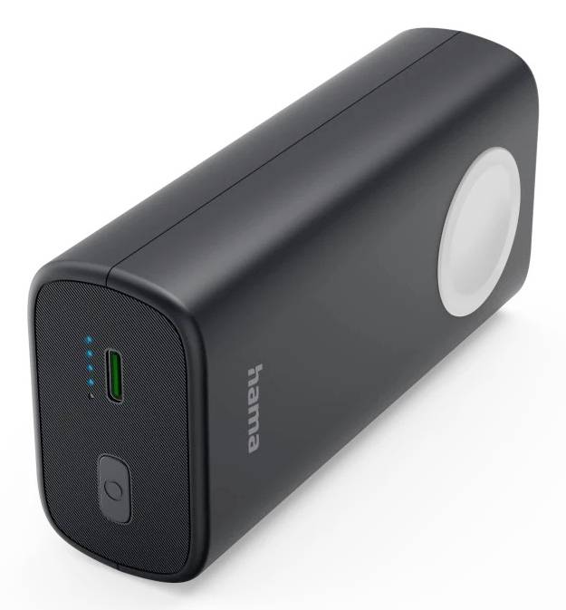 Schwarze Hama Powerbank mit USB-C-Anschluss, Batterieanzeigeleuchten und Einschaltknopf auf der Vorderseite.