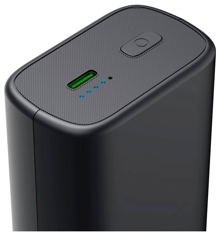 Tragbares schwarzes elektronisches Gerät mit einer Netzschalter oben, grüner Kontrollleuchte und vier blauen Batteriestand-LEDs.