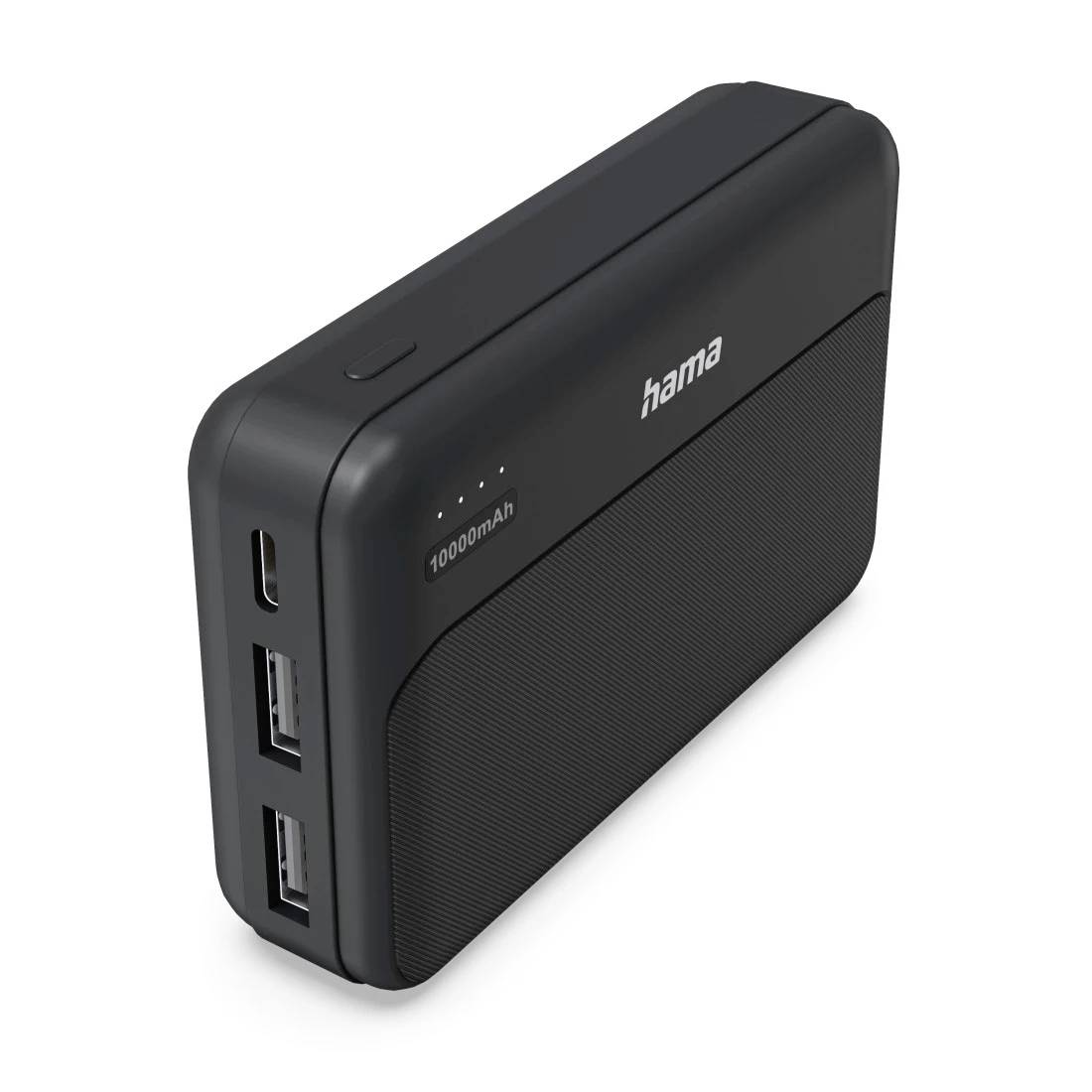 Schwarze Hama 10000-mAh-Powerbank mit USB-C- und zwei USB-A-Anschlüssen auf weißem Hintergrund dargestellt.