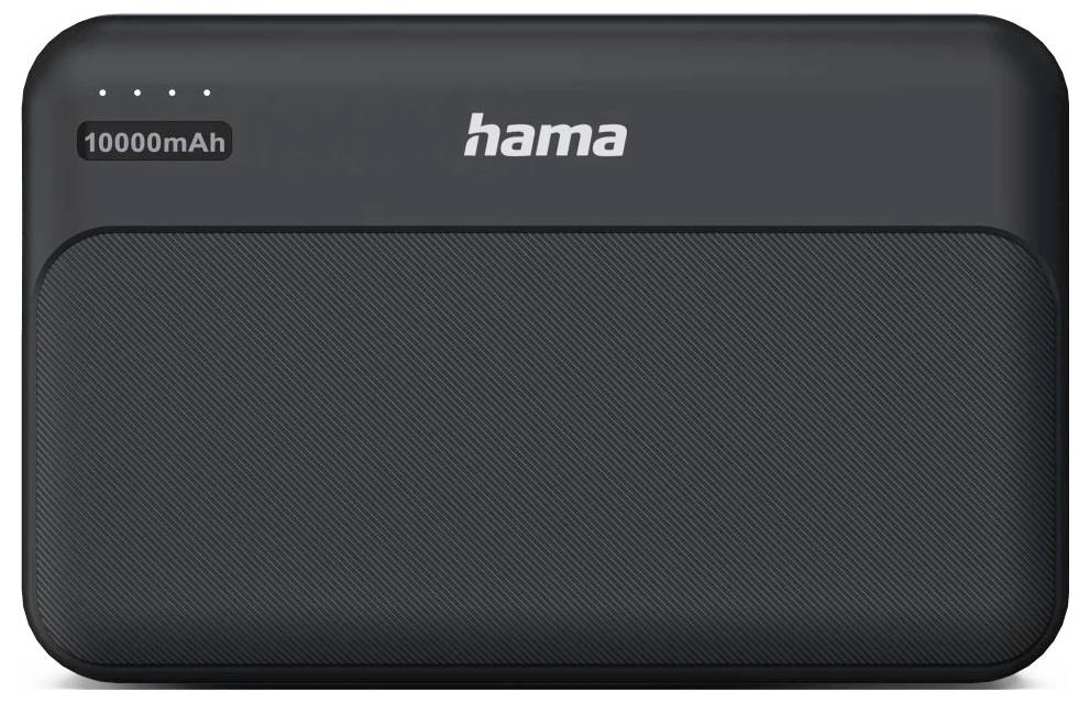 Schwarze Hama 10000 mAh tragbare Powerbank mit strukturierter Vorderseite und vier Akkuanzeige-Leuchten.