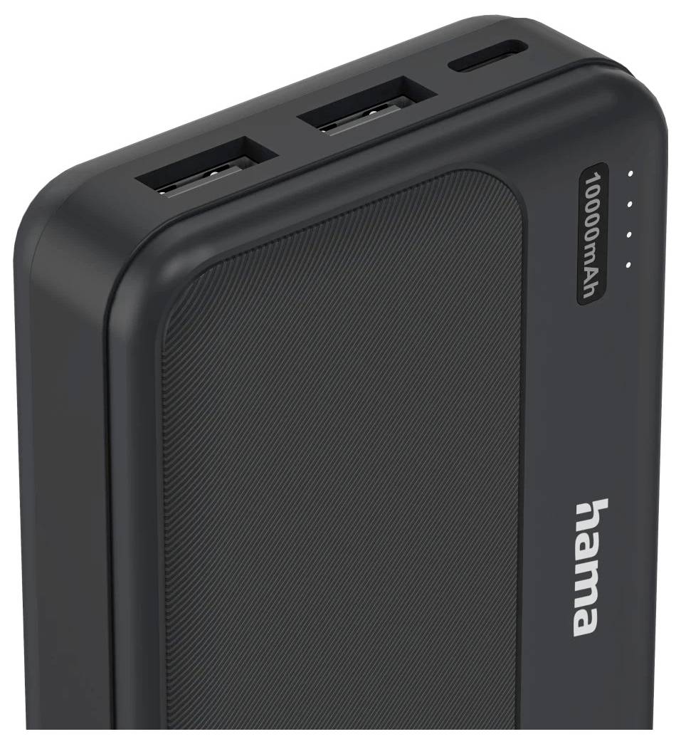 Schwarze Hama 10000mAh Powerbank mit zwei USB-Anschlüssen und Akkuanzeige-LEDs.