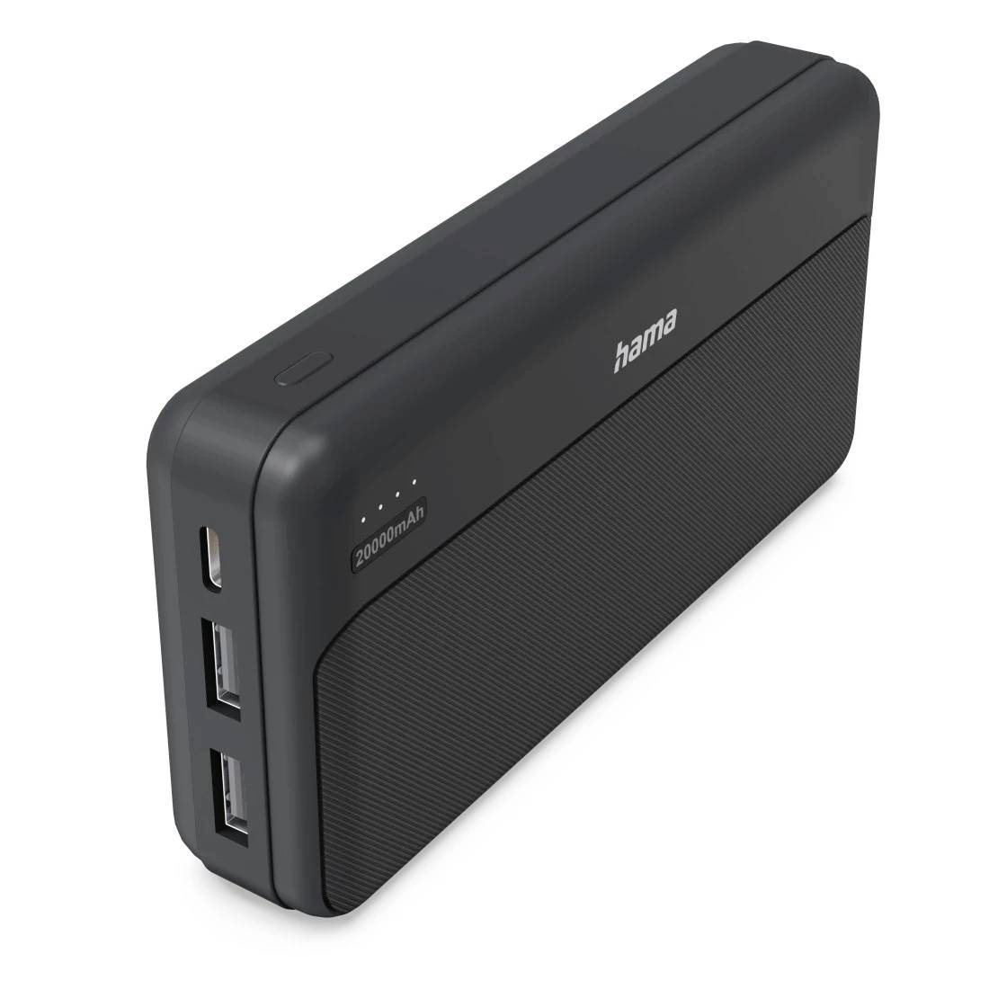 Tragbare Hama Powerbank in Schwarz mit USB-C und zwei USB-A Anschlüssen und Akkuanzeige-LEDs.