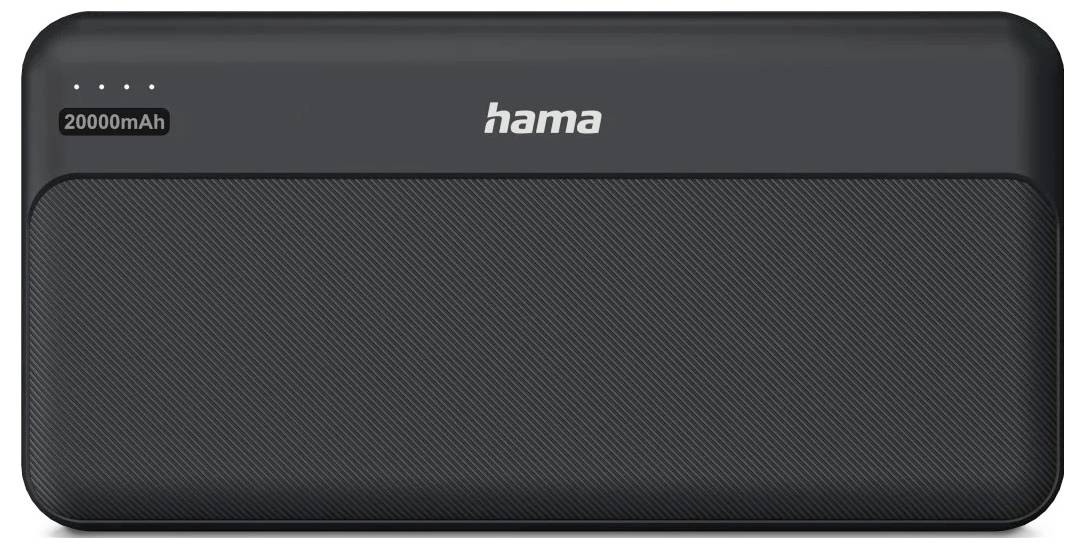 Schwarze Hama 20000mAh tragbare Powerbank mit vier LED-Ladeindikatoren.