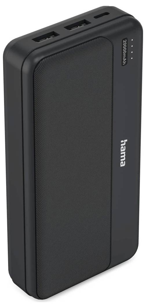Schwarze Hama ZOOMANIA tragbare Powerbank mit zwei USB-Anschlüssen und LED-Batterieanzeigelampen an der oberen Kante.