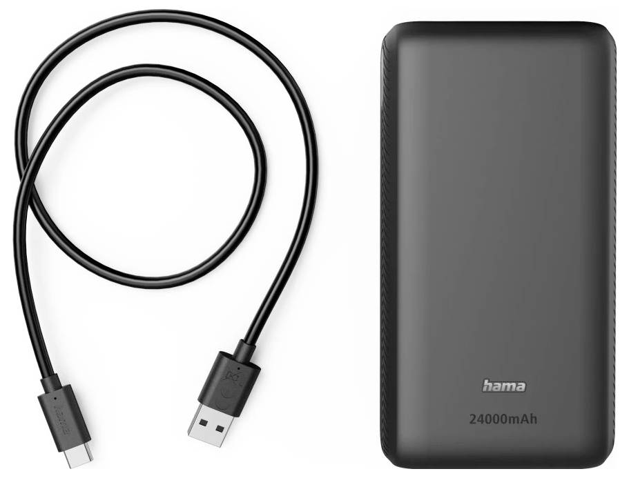 Schwarzes USB-Kabel neben einer schwarzen Hama 24000mAh Powerbank auf weißem Hintergrund.