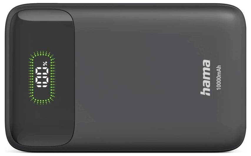 Tragbare schwarze Hama 10000mAh Powerbank mit digitalem Batterieanzeige-Display an einem Ende.