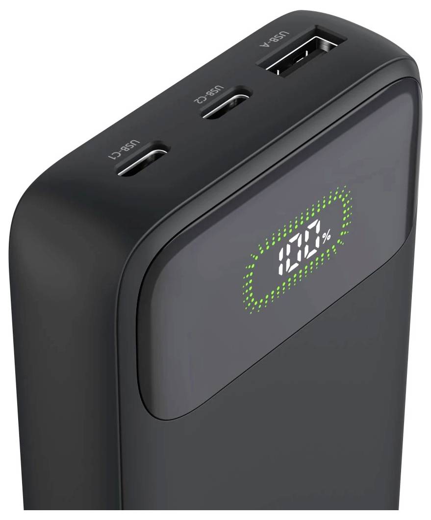 Schwarze Powerbank mit digitaler Batterieanzeige, die 100% anzeigt, und drei Anschlüsse mit der Bezeichnung USB-C, USB-C und USB-A an der oberen Kante.