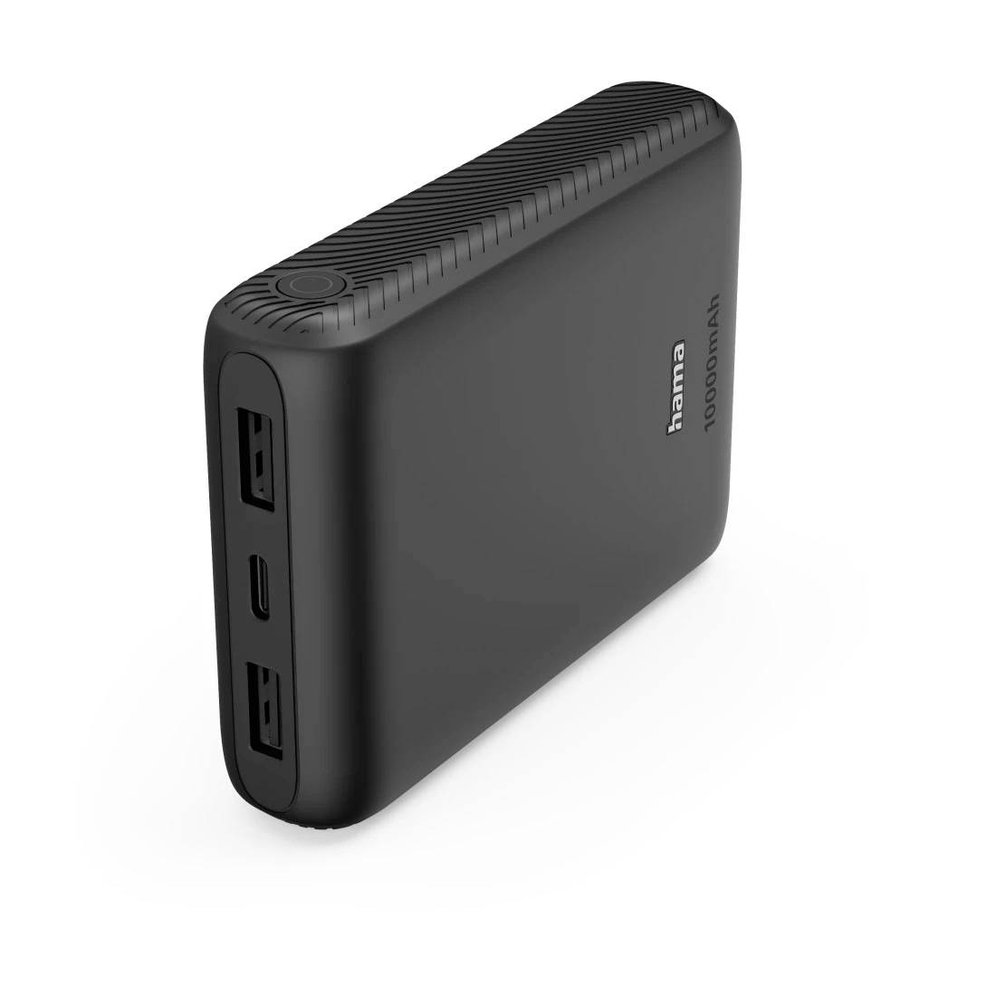 Schwarze rechteckige tragbare Powerbank mit zwei USB-A-Anschlüssen und einem USB-C-Anschluss, gekennzeichnet mit „10000mAh