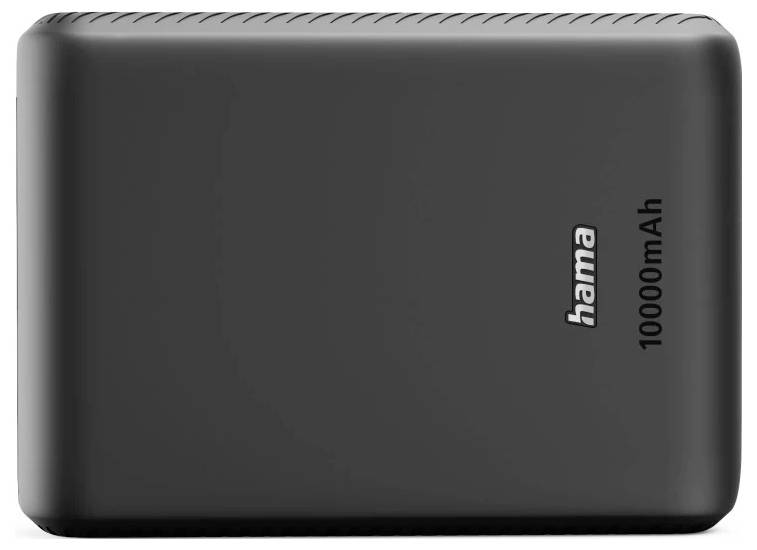 Schwarze Hama 10000mAh Powerbank in Vorderansicht auf weißem Hintergrund.