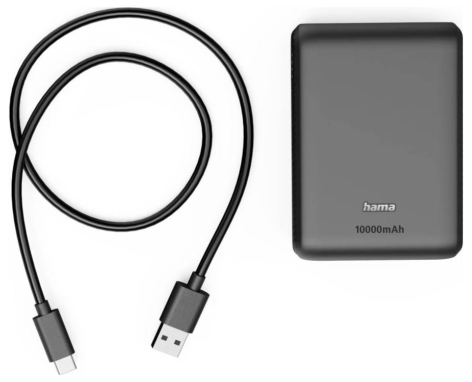 Schwarzes USB-C-Ladekabel und tragbare Hama 10000-mAh-Powerbank auf weißem Hintergrund dargestellt.