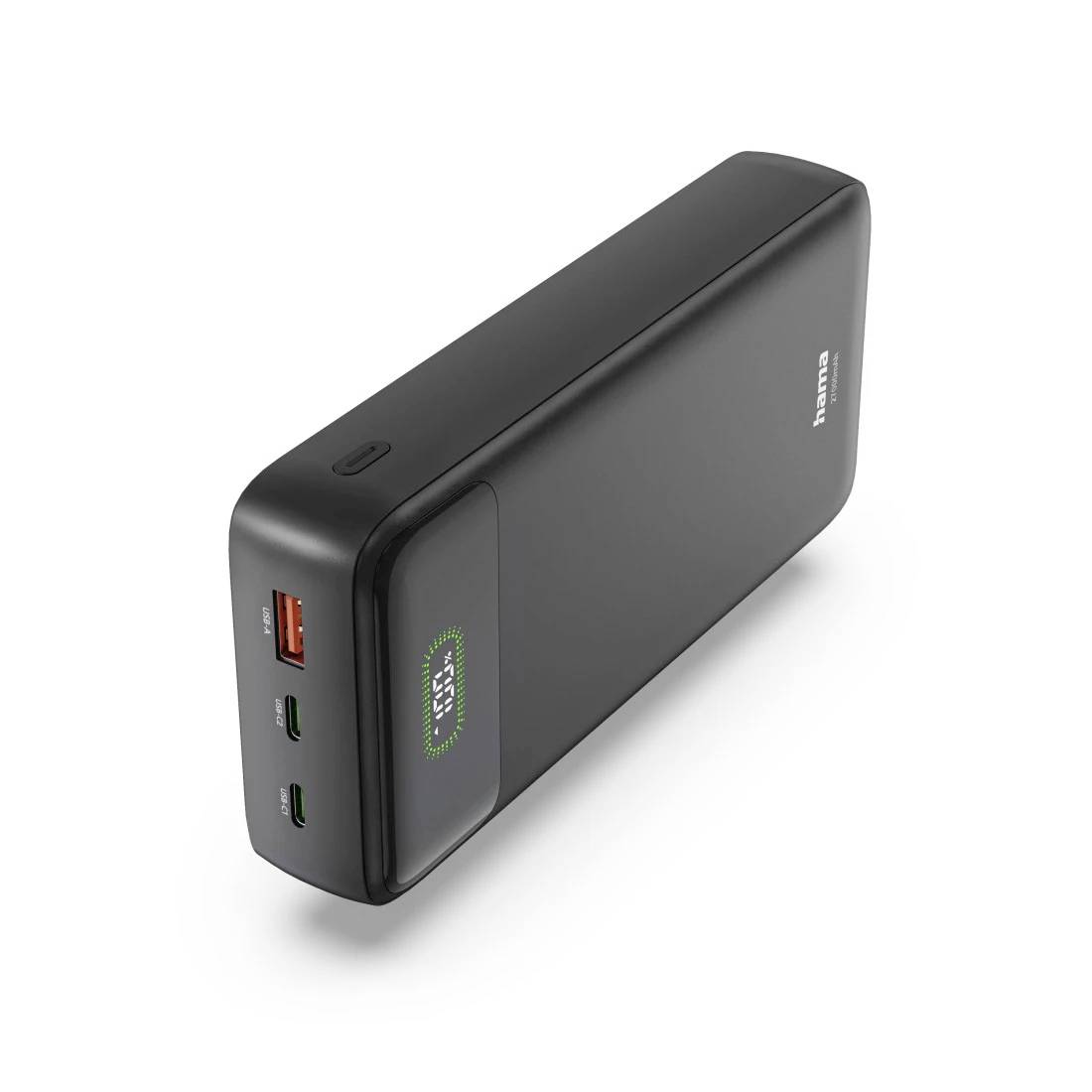 Schwarze tragbare Powerbank in rechteckiger Form mit USB-A- und zwei USB-C-Anschlüssen, dargestellt in einer produktstylisierten Ansicht auf weißem Hintergrund.