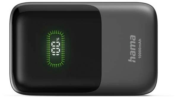 Tragbare Hama 10000mAh Powerbank mit digitaler Batterieanzeige und grünem LED-Ladeanzeiger auf einem schwarz-grauen Gehäuse.