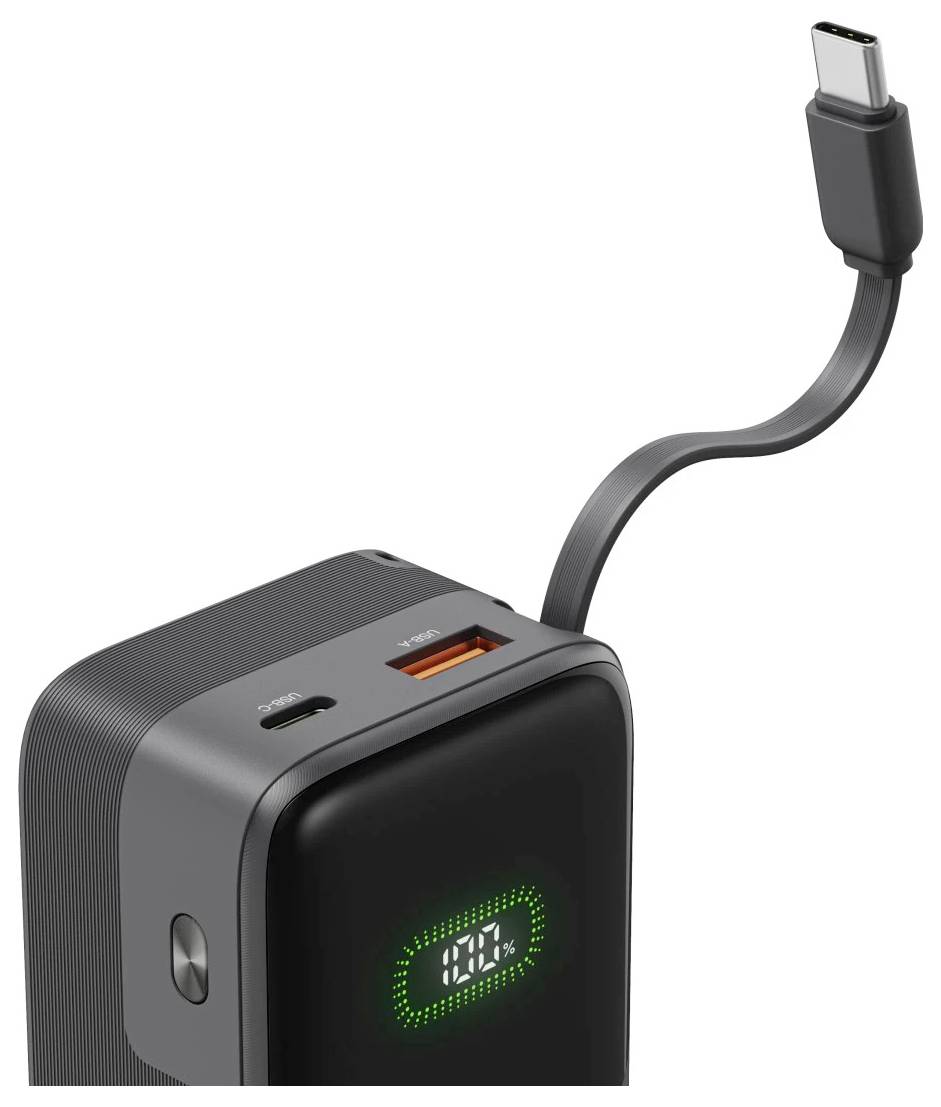 Tragbare Powerbank mit integriertem USB-C-Kabel und digitalem Batterieanzeige-Display, das 100% Ladung anzeigt.
