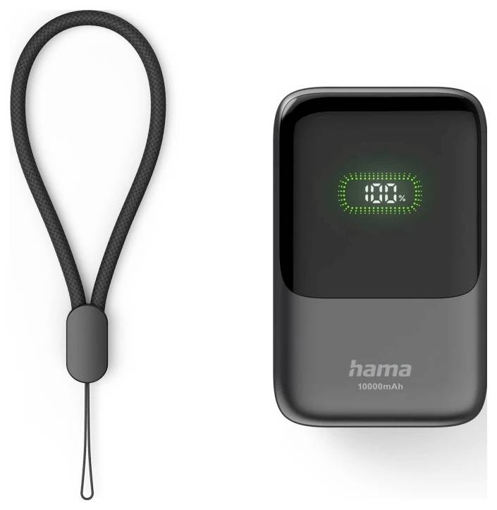 Tragbare Hama 10000mAh Powerbank mit digitaler Ladeanzeige, dargestellt neben einem schwarzen Trageumhänger.