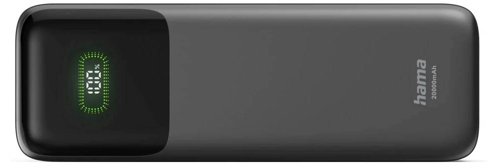 Graue tragbare Hama-Powerbank mit schwarzem Endpanel und grün beleuchtetem digitalen Akkustandsanzeige-Display.