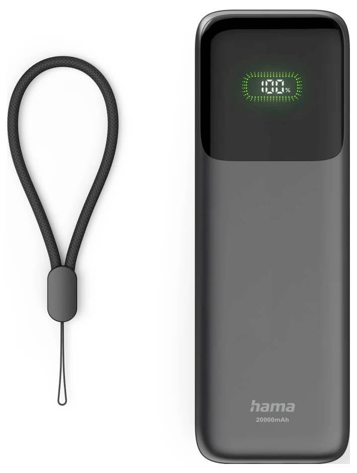 Tragbare Hama 20000mAh Powerbank mit digitaler Batterieanzeige und abnehmbarem Handgelenkband daneben abgebildet.