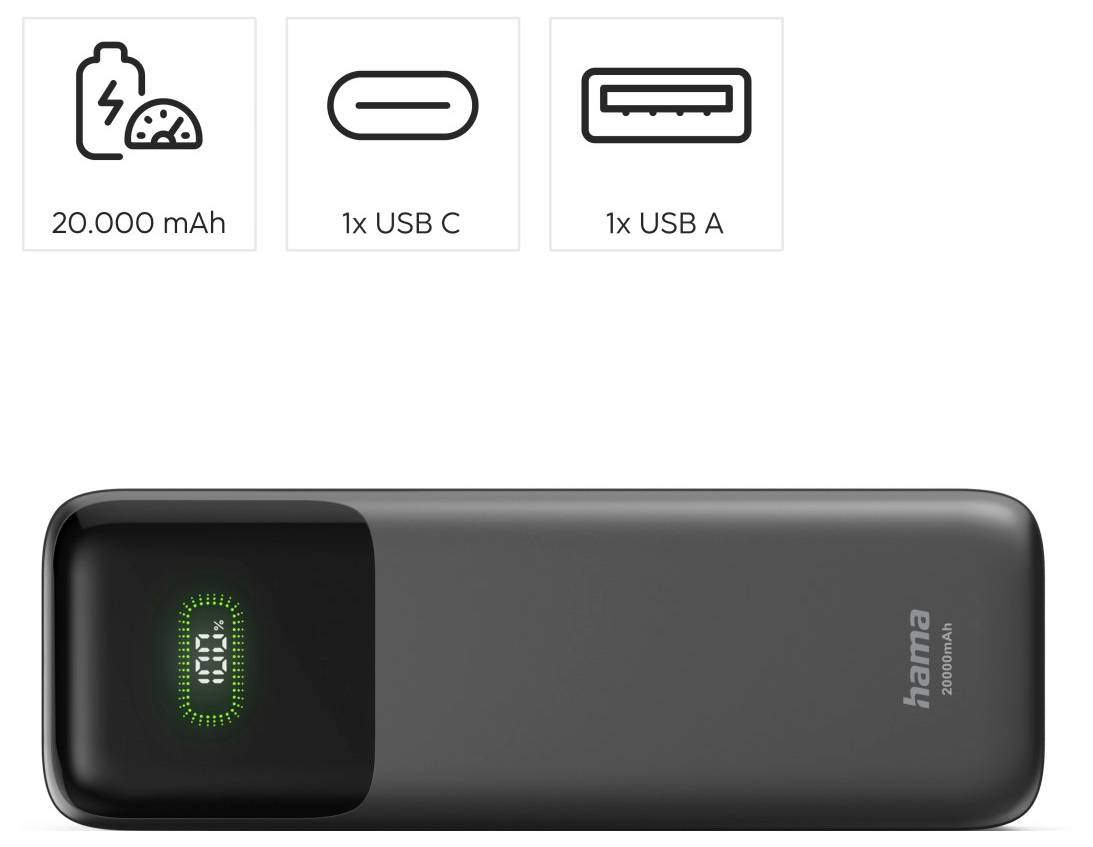 20.000 mAh tragbare Powerbank mit 1 USB-C- und 1 USB-A-Anschluss, dargestellt mit Batteriesymbol und Ladeindikatoren.