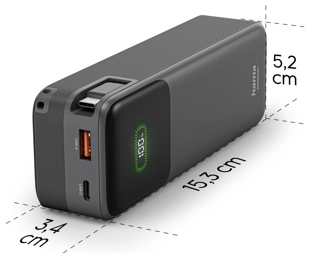 Kompakte schwarze Powerbank mit den Abmessungen 15,3 cm Länge, 5,2 cm Höhe und 3,4 cm Breite, mit USB-C- und USB-A-Anschlüssen und einem Tragegriff aus Schlaufe.