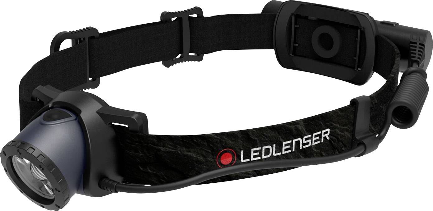 Schwarze LEDLenser-Stirnlampe mit verstellbarem Riemen und Frontleuchte auf weißem Hintergrund.