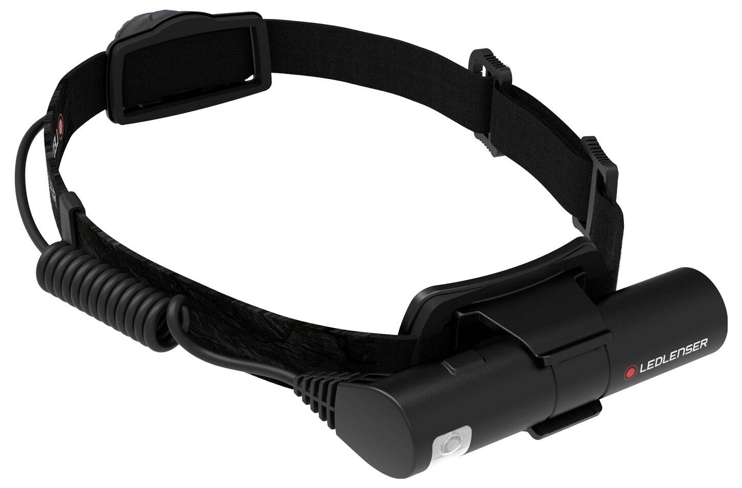 Schwarze verstellbare Stirnlampe mit elastischem Kopfband und LED-Leuchteinheit, gezeigt auf weißem Hintergrund.