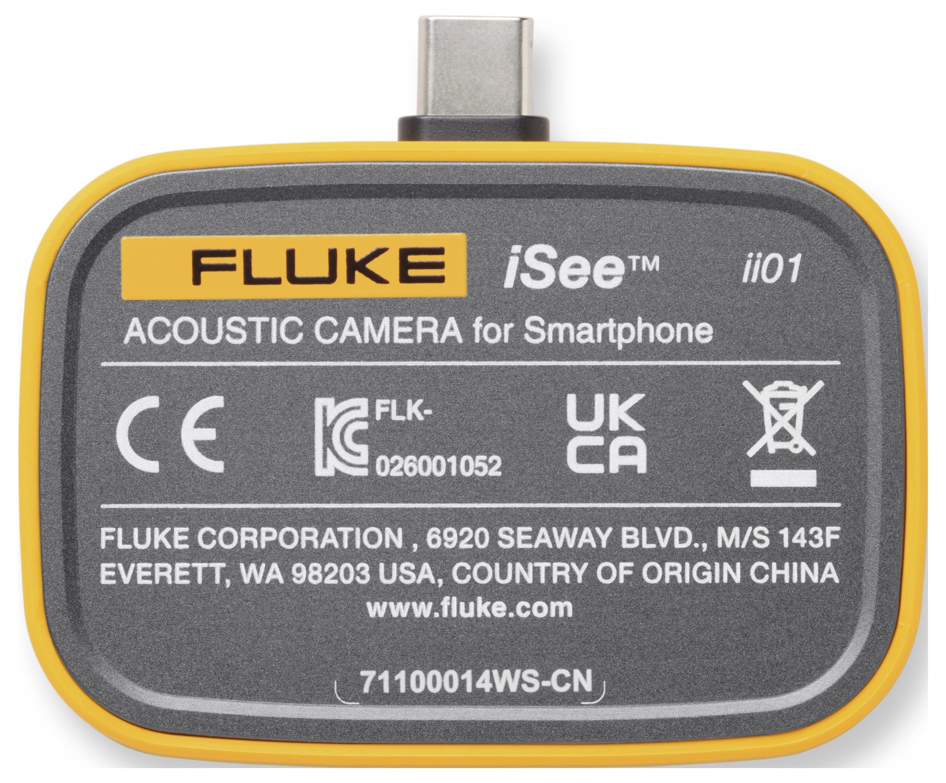 Fluke iSee ii01 Akustikkamera für Smartphone-Geräte, Vorderansicht mit USB-C-Anschluss und Produktbezeichnungen.