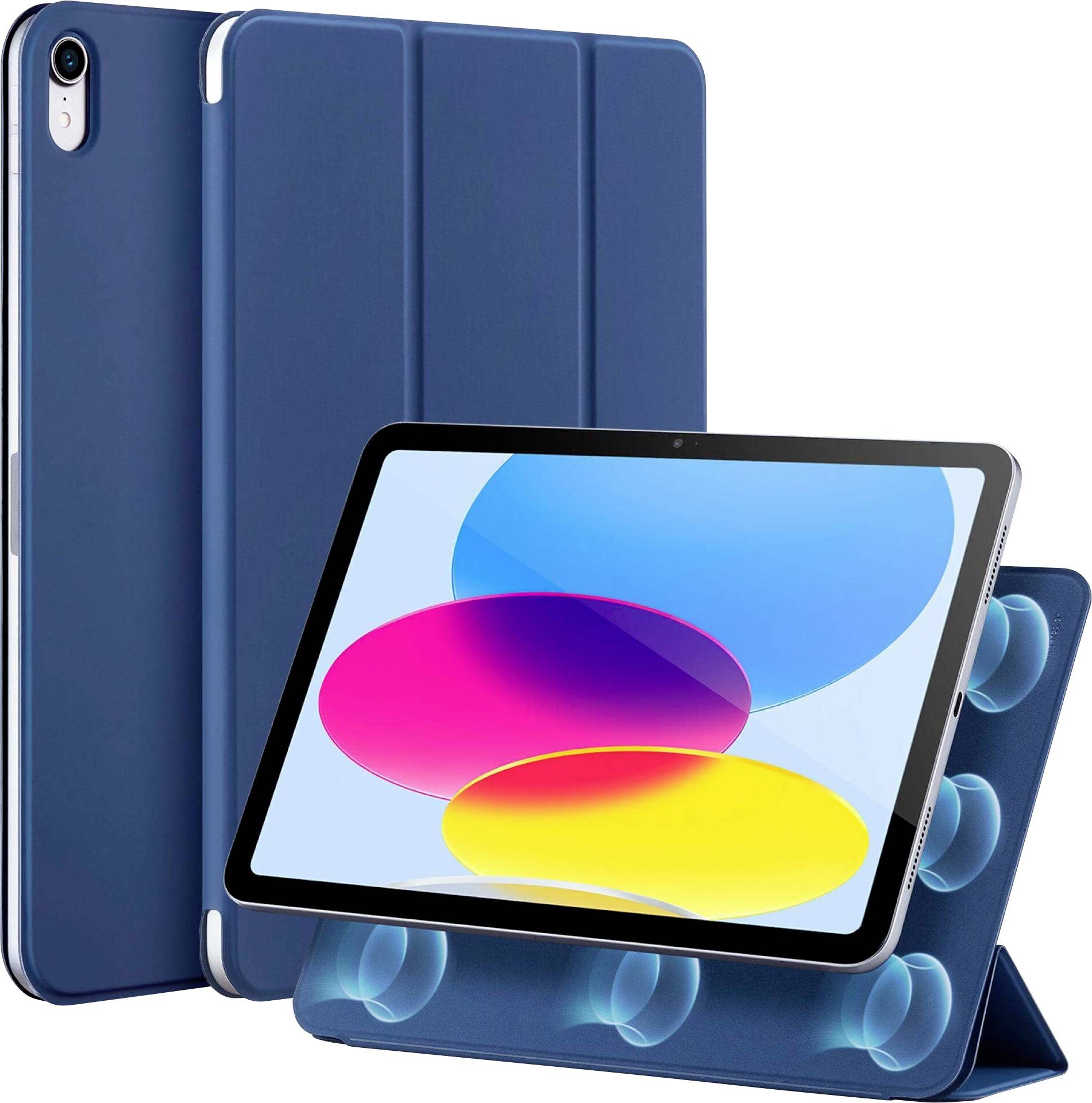 Drei blaue Tablet-Hüllen, die von vorne gezeigt werden, offen und gefaltet, mit einem Tablet, das bunte abstrakte Kreise auf dem Bildschirm anzeigt.