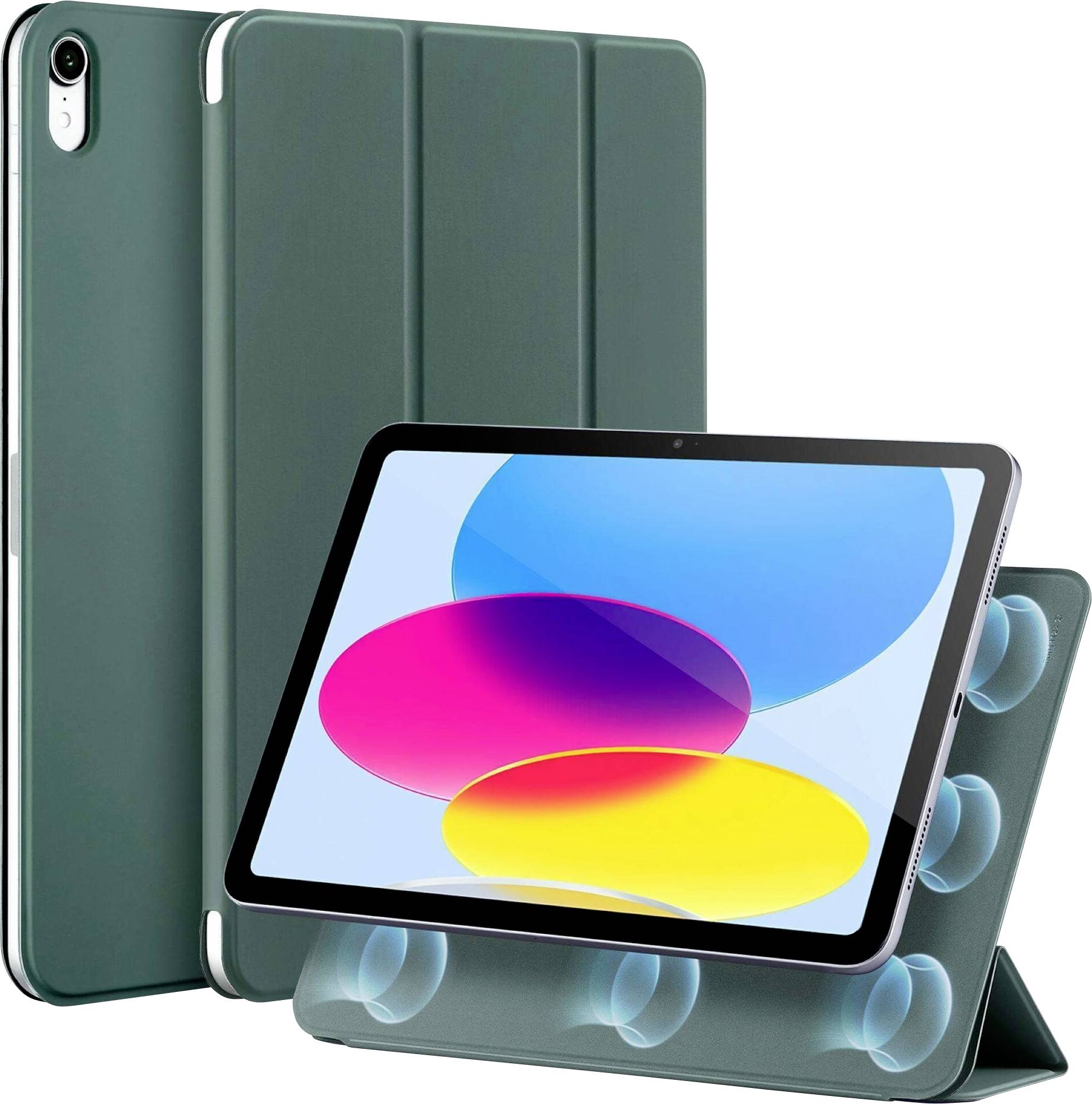 Drei Tablet-Hüllen und ein Tablet vorne, mit grünen und durchsichtigen blauen Schutzhüllen, wobei der Tablet-Bildschirm farbenfrohe überlappende Kreise anzeigt.