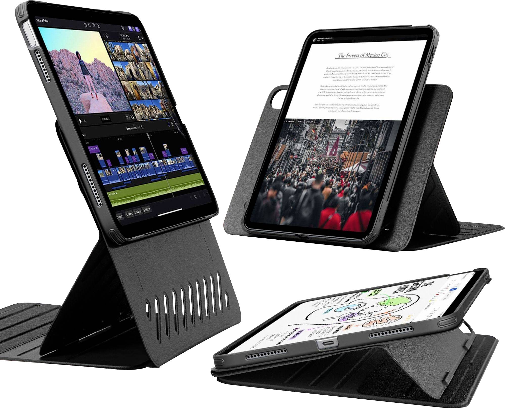 Drei Tablets in schwarzen Gehäusen, die in verschiedenen Ständerpositionen gezeigt werden, wobei Medien, ein Dokument und eine Zeichnung auf weißem Hintergrund angezeigt werden.