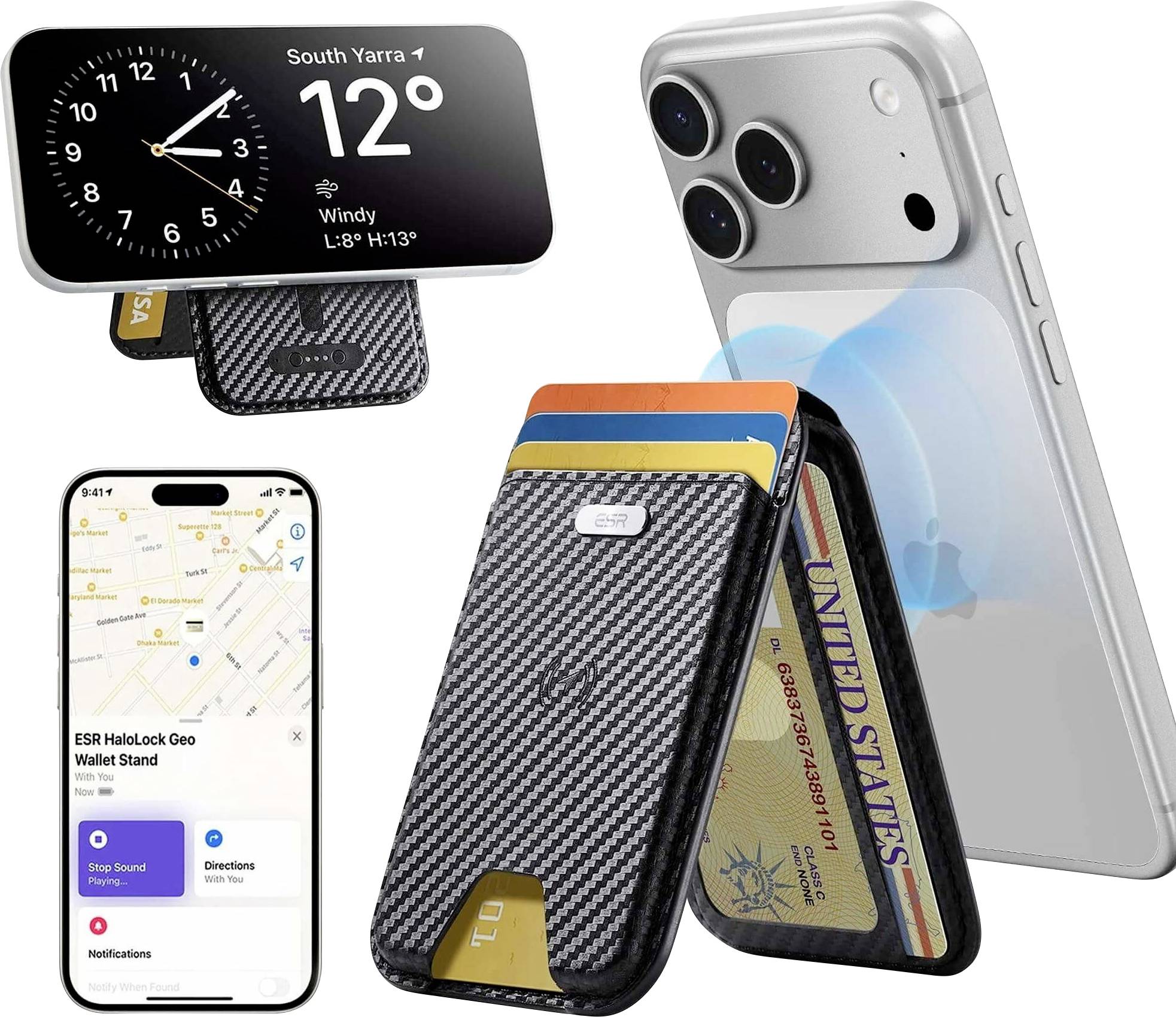 Smartphone mit magnetischem Geldbörsen-Ständer und Kartenhalter, dargestellt in Verwendung als Ständer mit Wetteranzeige und Karten, plus Telefonbefestigung und Karten.