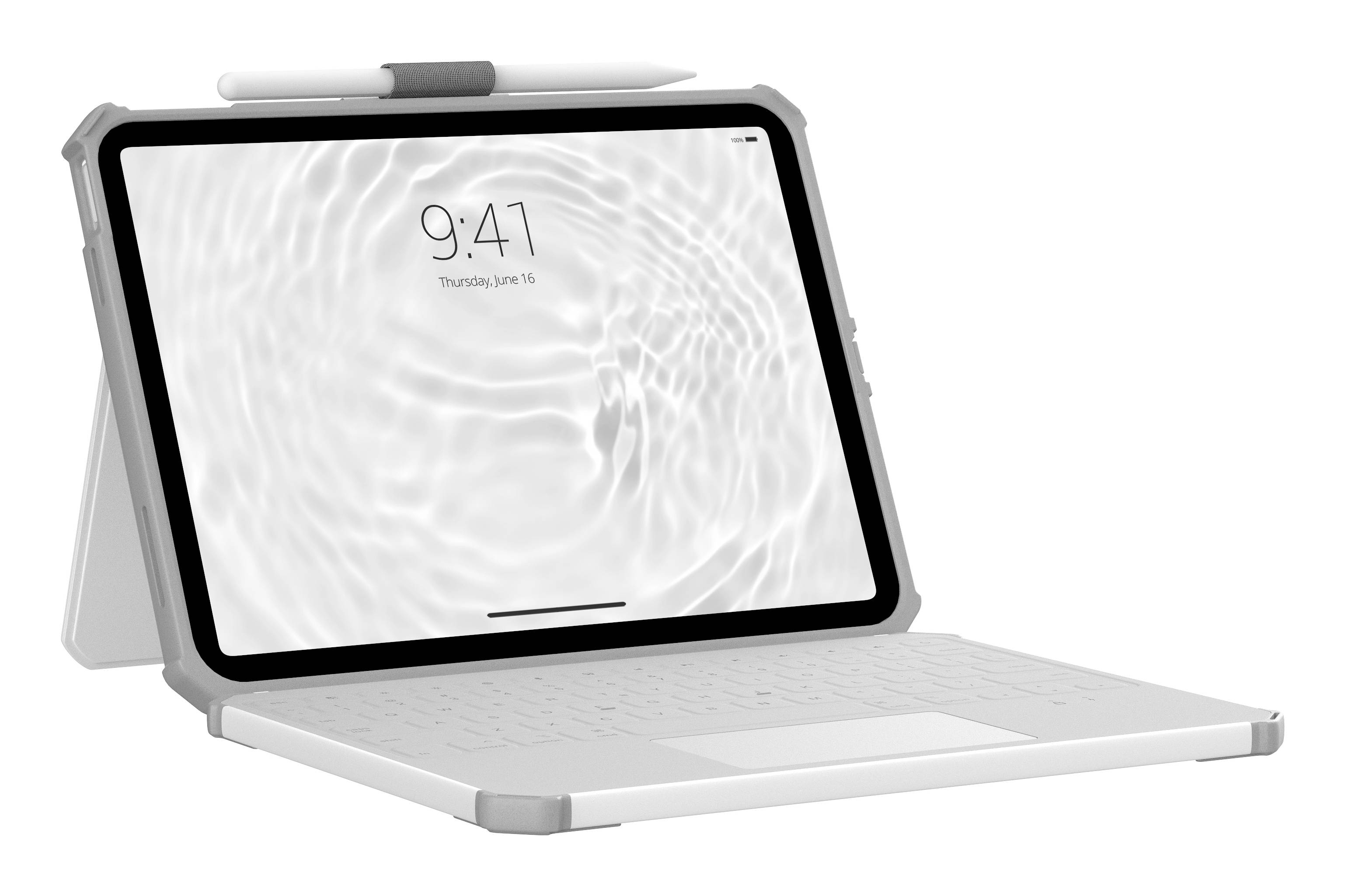 Weißes Tablet mit Tastaturhülle und Stift, geöffnet auf einem Ständer dargestellt, mit leerem Sperrbildschirm, auf dem 9:41 Uhr und Donnerstag, 16. Juni angezeigt werden.