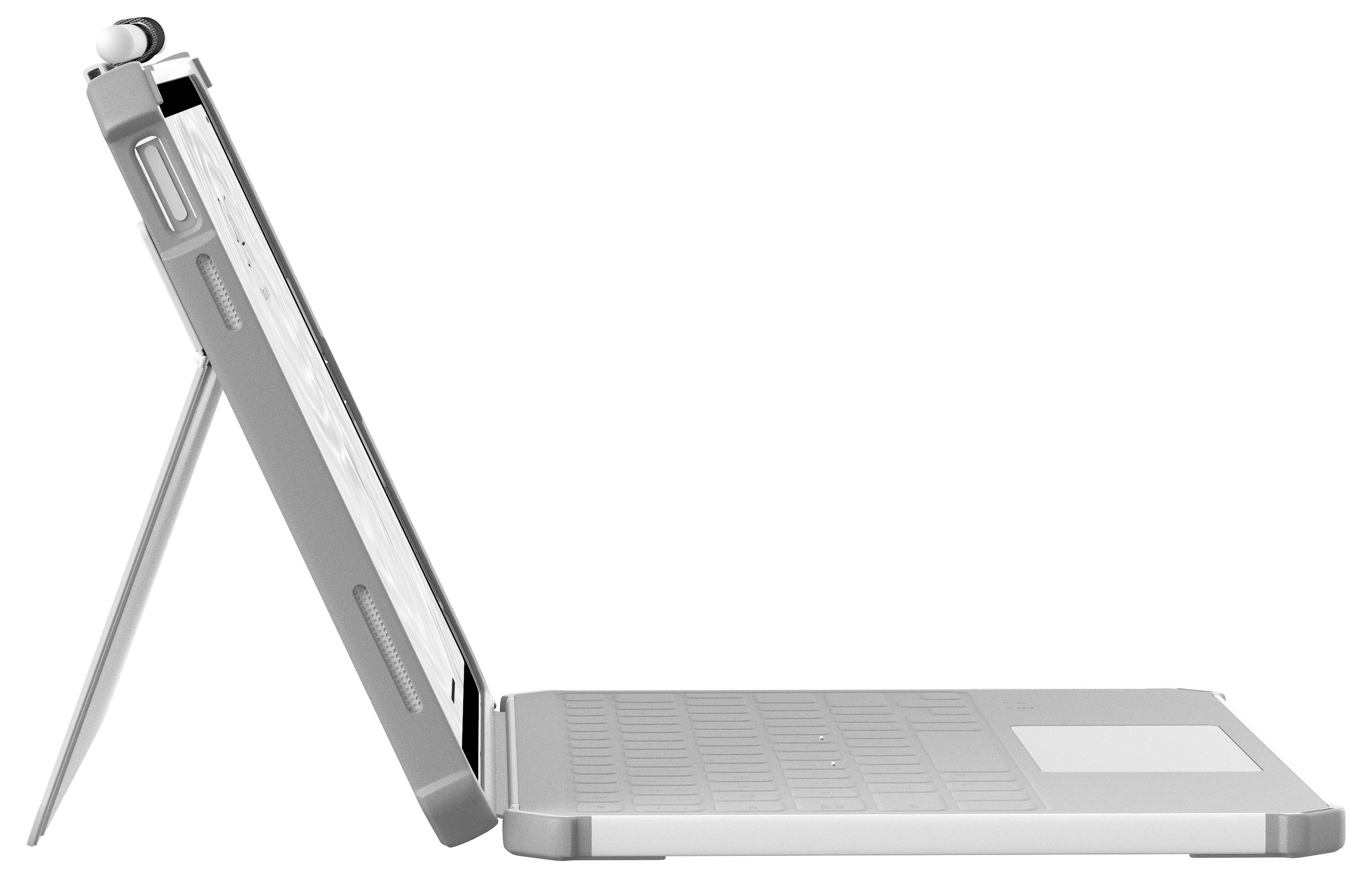 Schlanker silberner Laptop in Profilansicht, teilweise offen auf weißem Hintergrund.