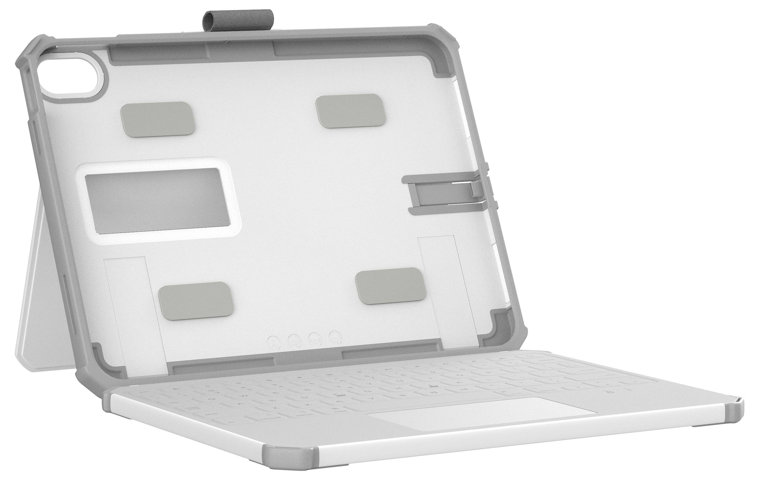 Weiße Laptop-Schutzhülle mit angebrachtem Tastaturschutz, geöffnet und im Winkel dargestellt, ähnelt einem Schutzüberzug oder Folio-ähnlichem Ständer.